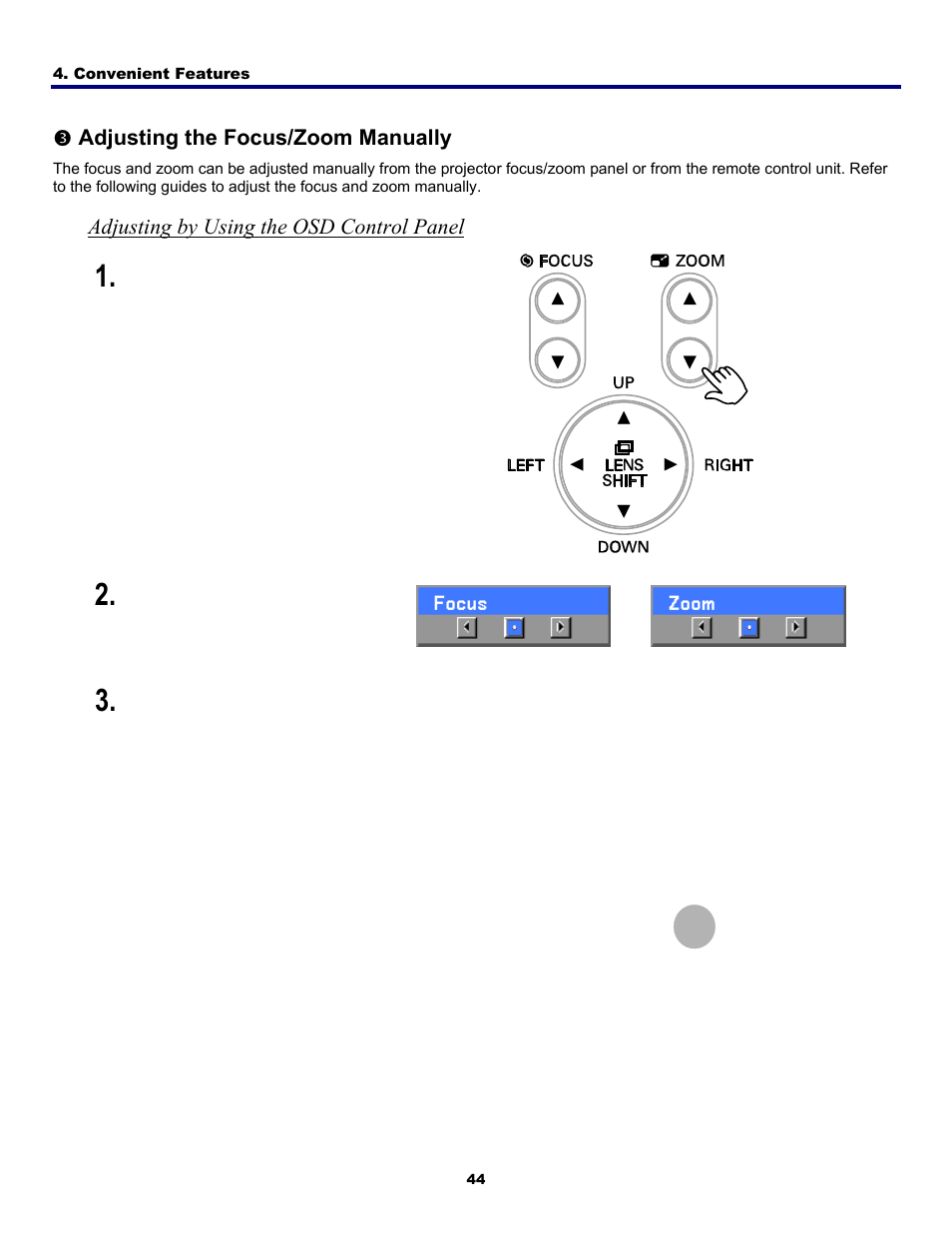 3) adjusting the focus/zoom manually, Adjusting by using the osd control panel, Djusting the | Ocus, Anually | Fisher PDG-DWT50L User Manual | Page 53 / 135