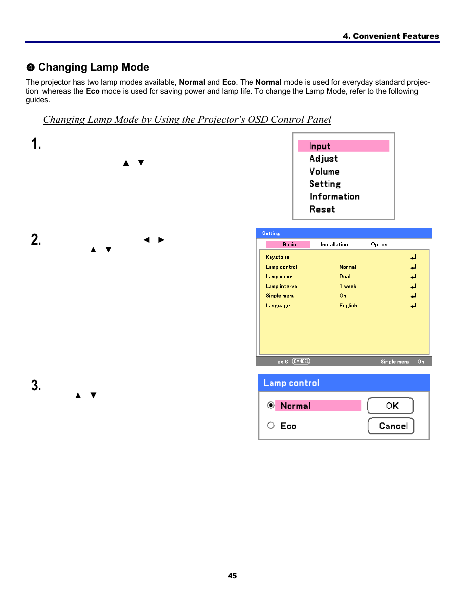 4) changing lamp mode, Hanging | Fisher PDG-DWT50L User Manual | Page 54 / 135