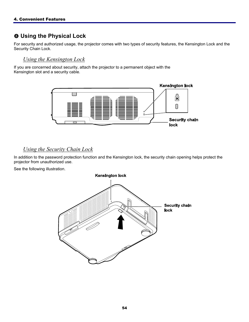 8) using the physical lock, Using the kensington lock, Using the security chain lock | Sing the, Hysical, Using the physical lock | Fisher PDG-DWT50L User Manual | Page 63 / 135
