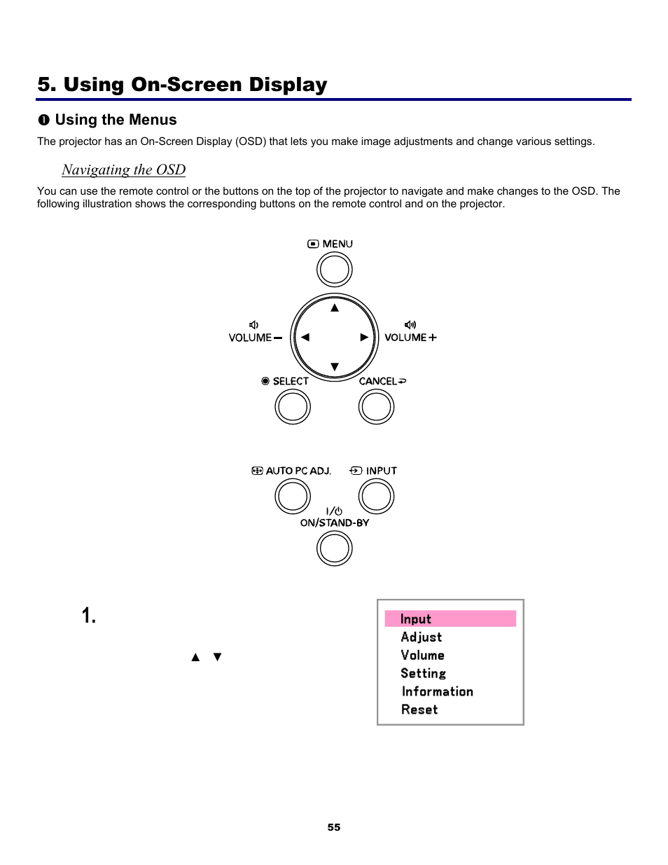 Using on-screen display, 1) using the menus, Navigating the osd | Sing the, Enus | Fisher PDG-DWT50L User Manual | Page 64 / 135