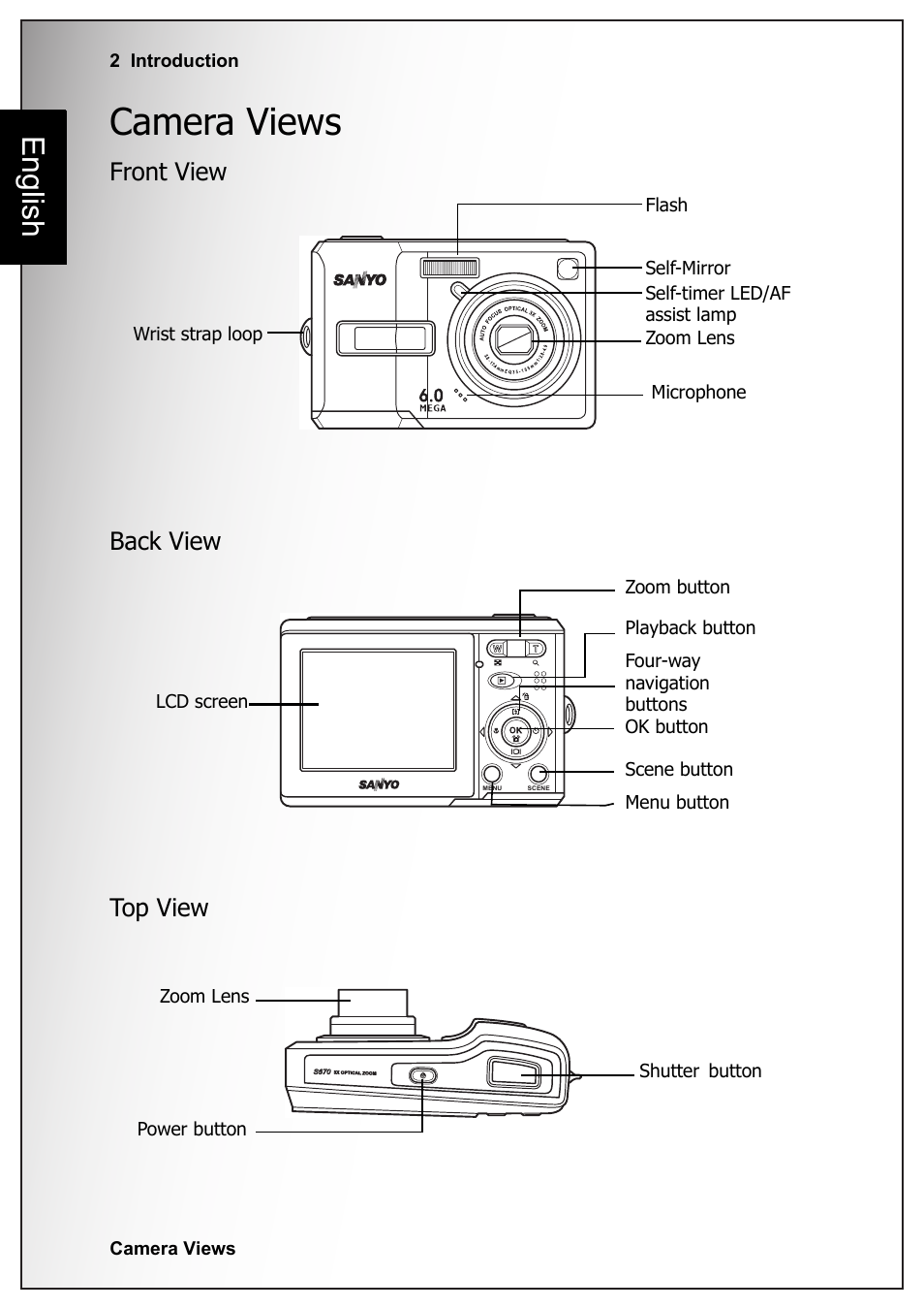 Camera views, Front view, Back view | Top view, Front view back view top view, English | Fisher VPC-S670 User Manual | Page 16 / 63