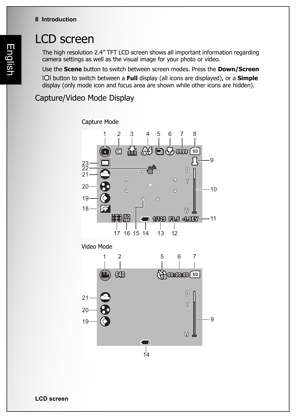 Lcd screen, Capture/video mode display, English | Fisher VPC-S670 User Manual | Page 22 / 63