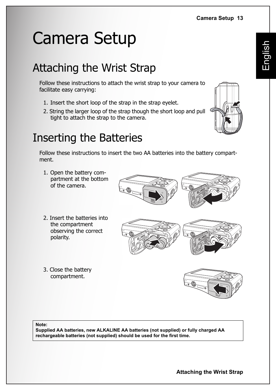 Camera setup, Attaching the wrist strap, Inserting the batteries | Attaching the wrist strap inserting the batteries, English | Fisher VPC-S670 User Manual | Page 27 / 63