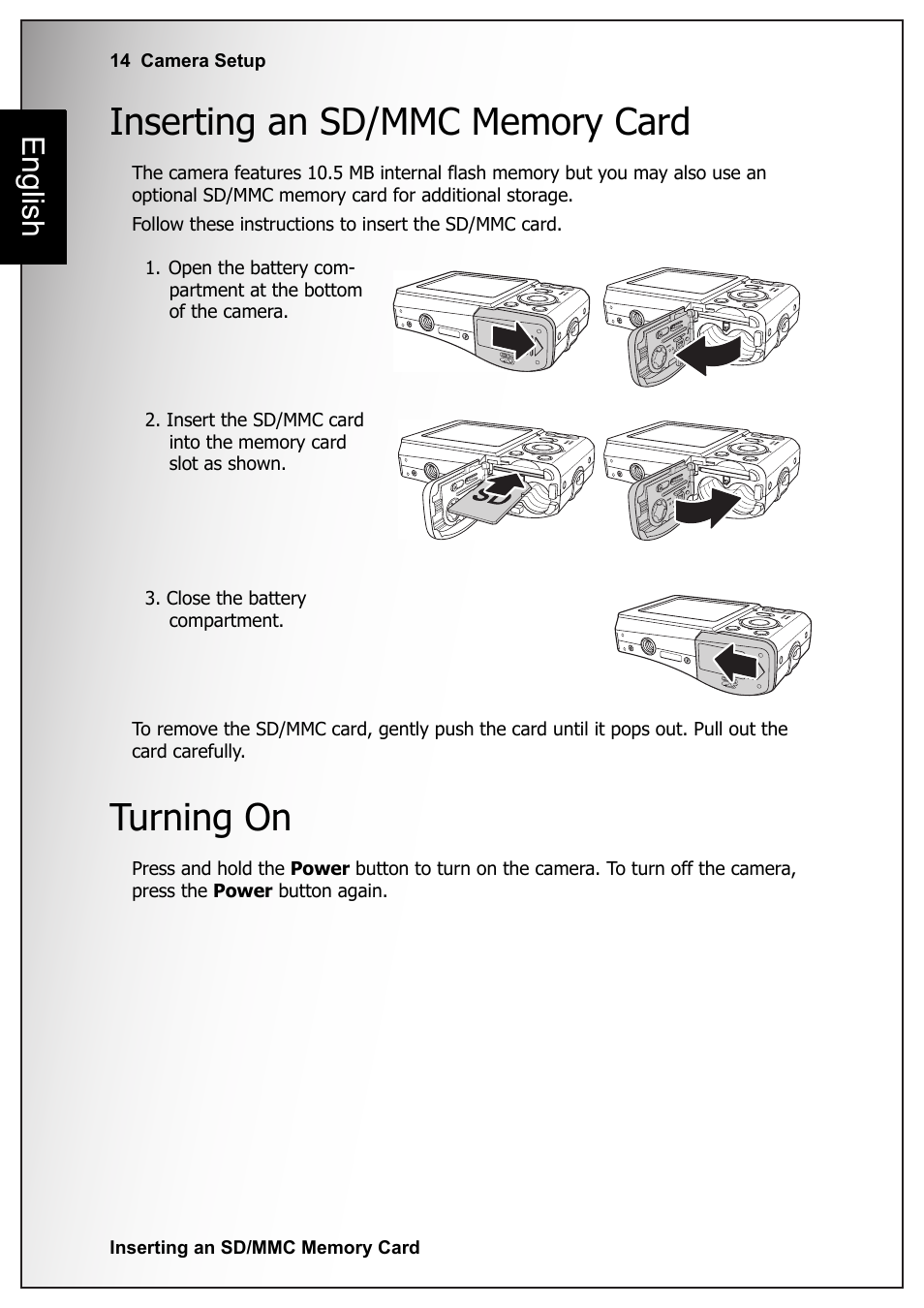 Inserting an sd/mmc memory card, Turning on, Inserting an sd/mmc memory card turning on | English | Fisher VPC-S670 User Manual | Page 28 / 63