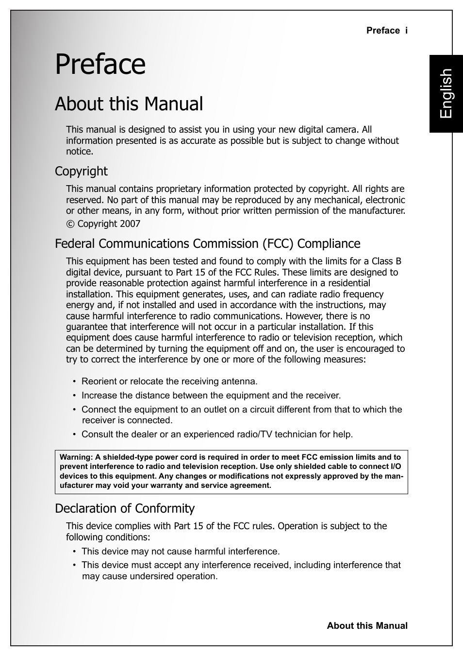 Preface, About this manual, Copyright | Federal communications commission (fcc) compliance, Declaration of conformity, English | Fisher VPC-S670 User Manual | Page 3 / 63