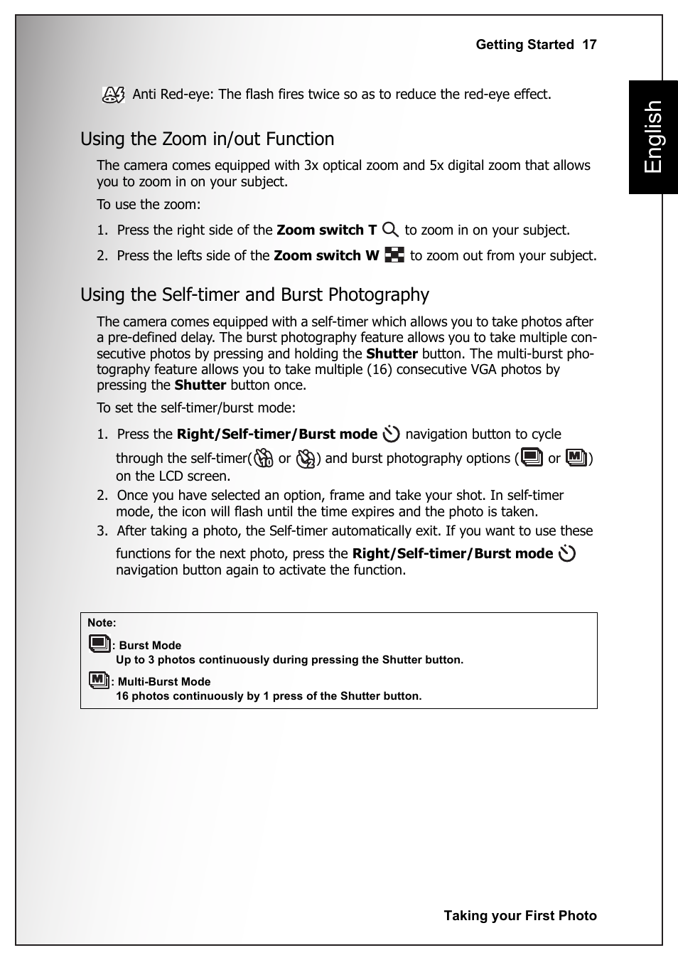 Using the zoom in/out function, Using the self-timer and burst photography, English | Fisher VPC-S670 User Manual | Page 31 / 63