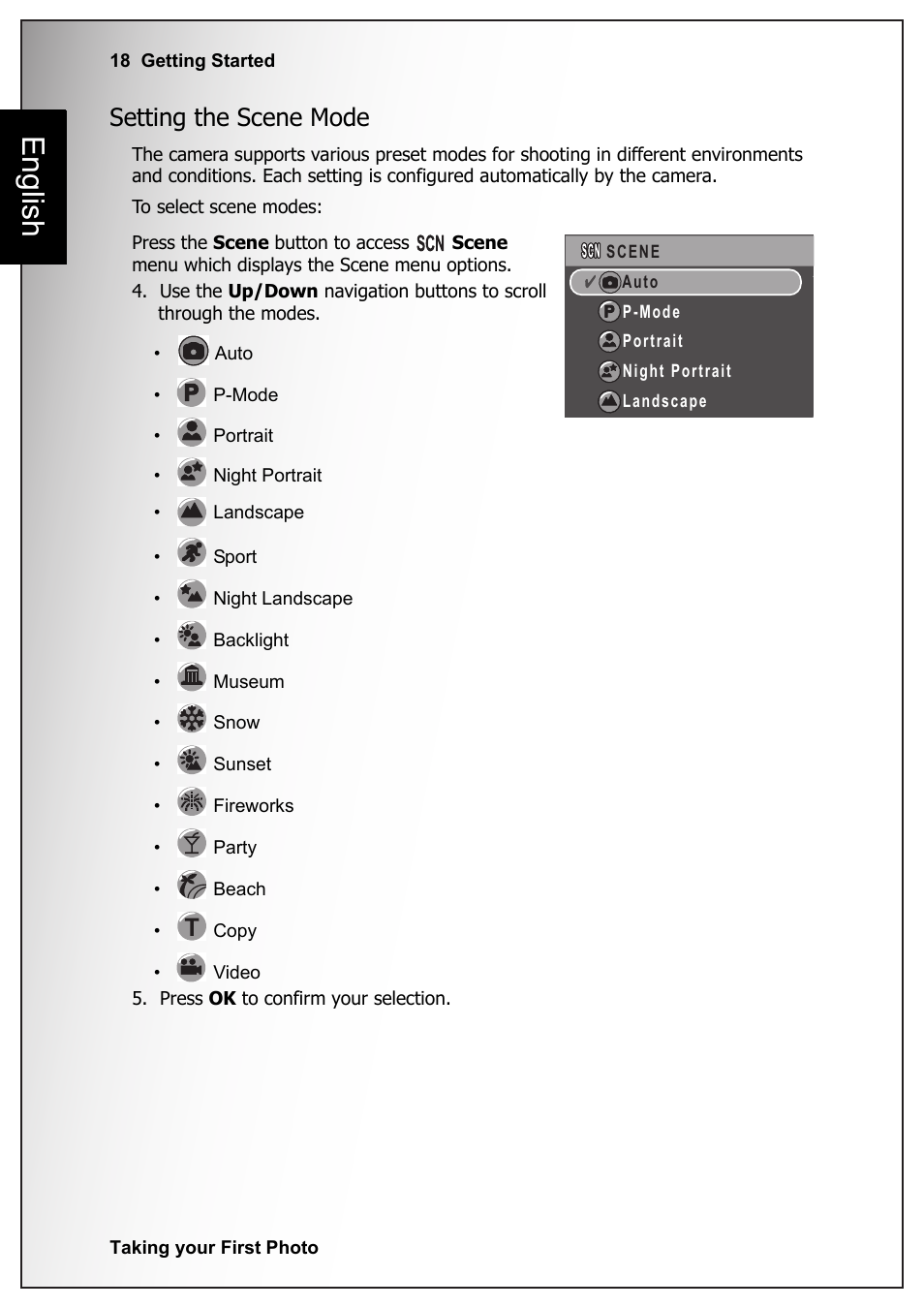 Setting the scene mode, English | Fisher VPC-S670 User Manual | Page 32 / 63