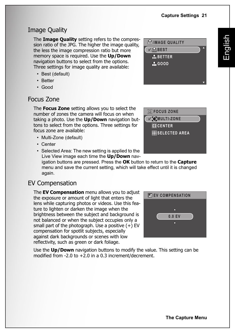 Image quality, Focus zone, Ev compensation | Image quality focus zone ev compensation, English | Fisher VPC-S670 User Manual | Page 35 / 63
