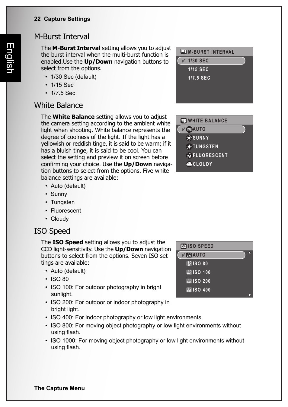 M-burst interval, White balance, Iso speed | M-burst interval white balance iso speed, English | Fisher VPC-S670 User Manual | Page 36 / 63
