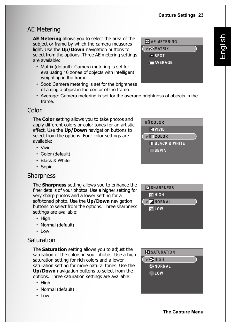 Ae metering, Color, Sharpness | Saturation, Ae metering color sharpness saturation, English | Fisher VPC-S670 User Manual | Page 37 / 63
