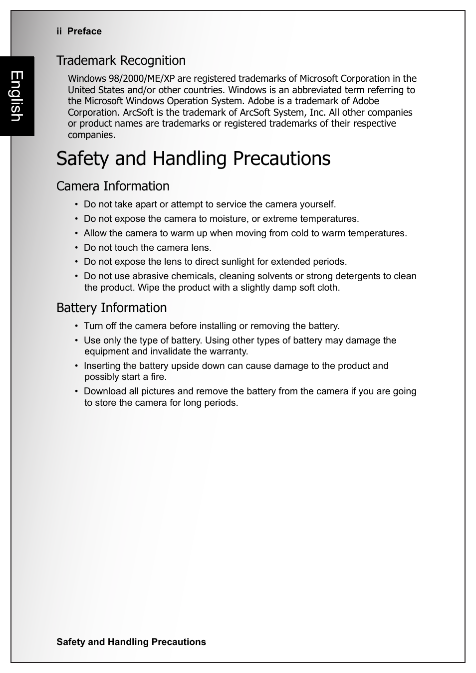 Trademark recognition, Safety and handling precautions, Camera information | Battery information, English | Fisher VPC-S670 User Manual | Page 4 / 63