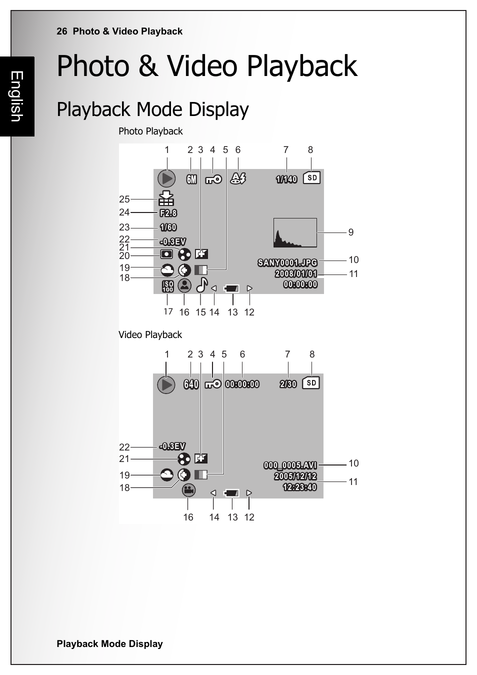 Photo & video playback, Playback mode display, English | Fisher VPC-S670 User Manual | Page 40 / 63