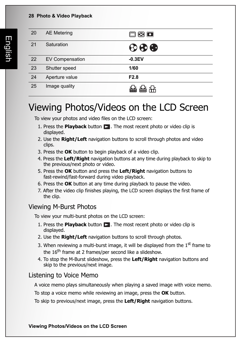 Viewing photos/videos on the lcd screen, Viewing m-burst photos, Listening to voice memo | Viewing m-burst photos listening to voice memo, English | Fisher VPC-S670 User Manual | Page 42 / 63