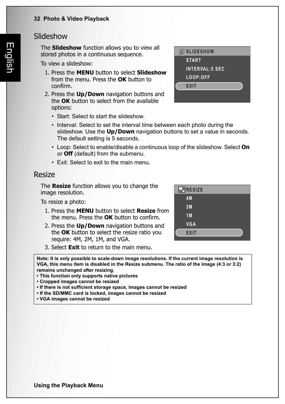 Slideshow, Resize, Slideshow resize | English | Fisher VPC-S670 User Manual | Page 46 / 63