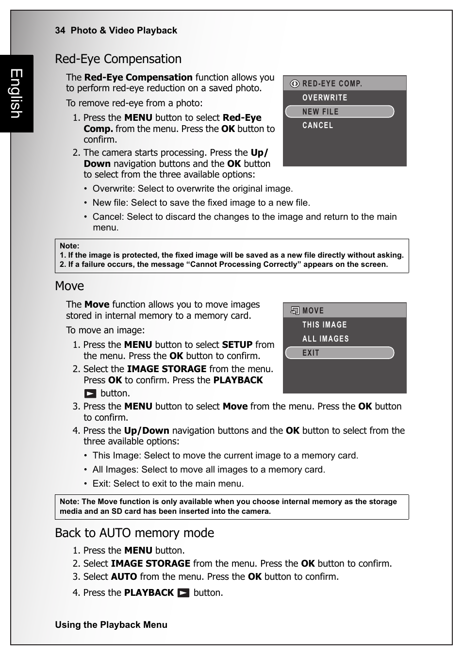 Red-eye compensation, Move, Back to auto memory mode | Red-eye compensation move back to auto memory mode, English | Fisher VPC-S670 User Manual | Page 48 / 63