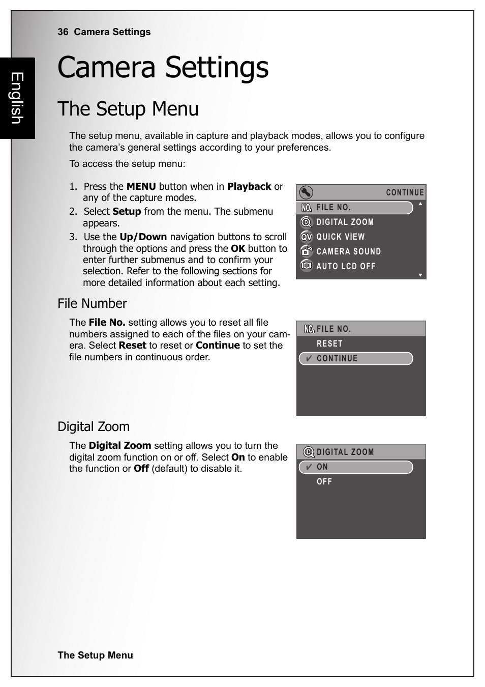 Camera settings, The setup menu, File number | Digital zoom, File number digital zoom, English | Fisher VPC-S670 User Manual | Page 50 / 63