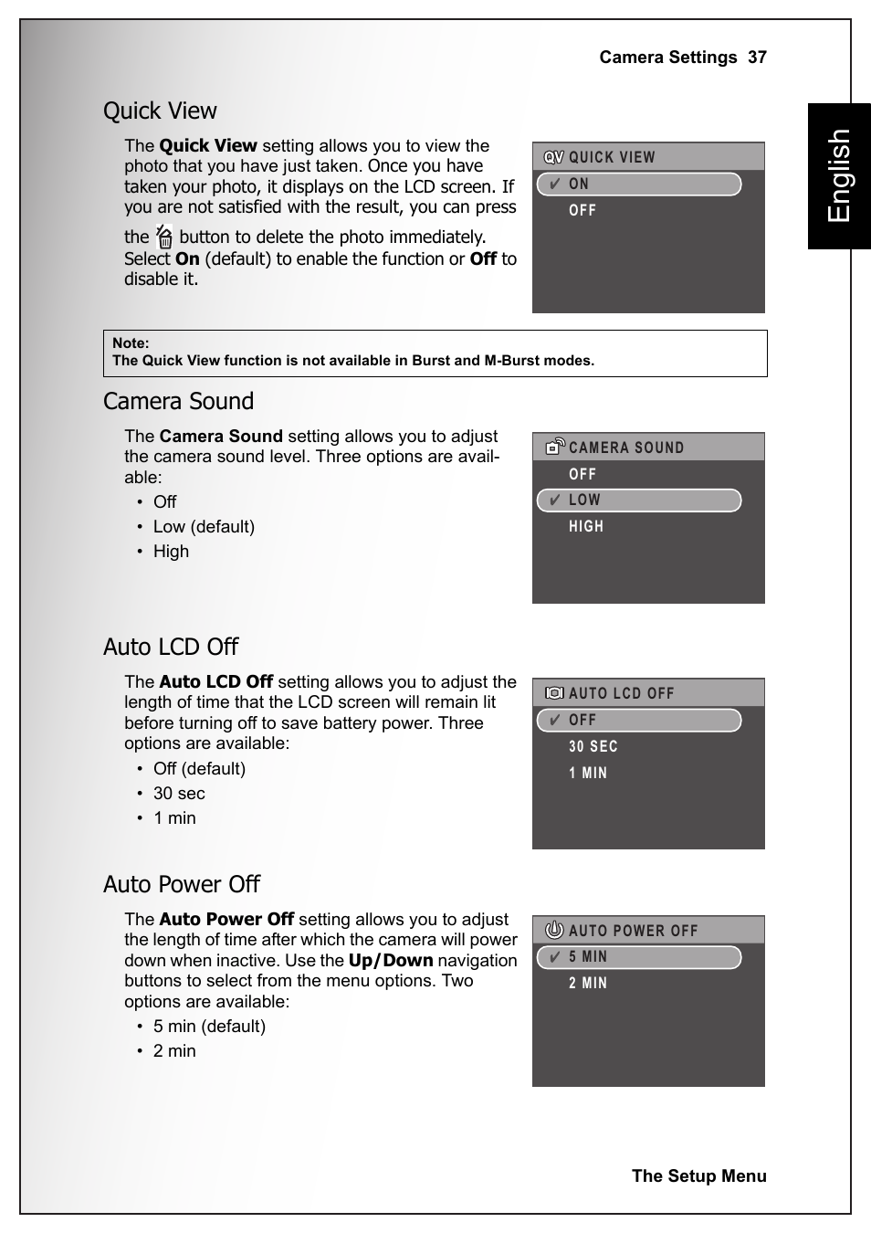 Quick view, Camera sound, Auto lcd off | Auto power off, English | Fisher VPC-S670 User Manual | Page 51 / 63