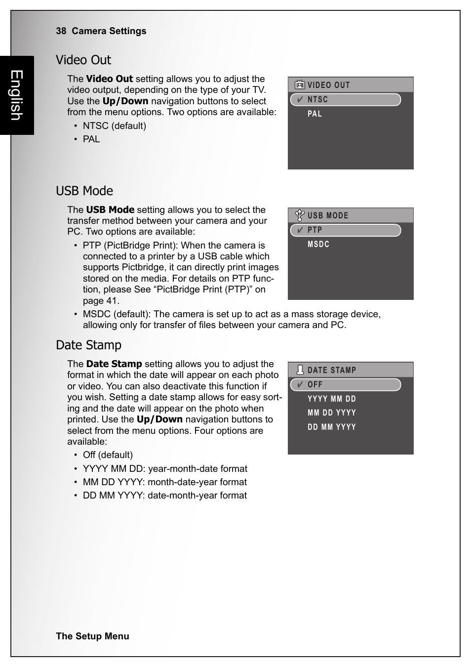 Video out, Usb mode, Date stamp | Video out usb mode date stamp, English | Fisher VPC-S670 User Manual | Page 52 / 63