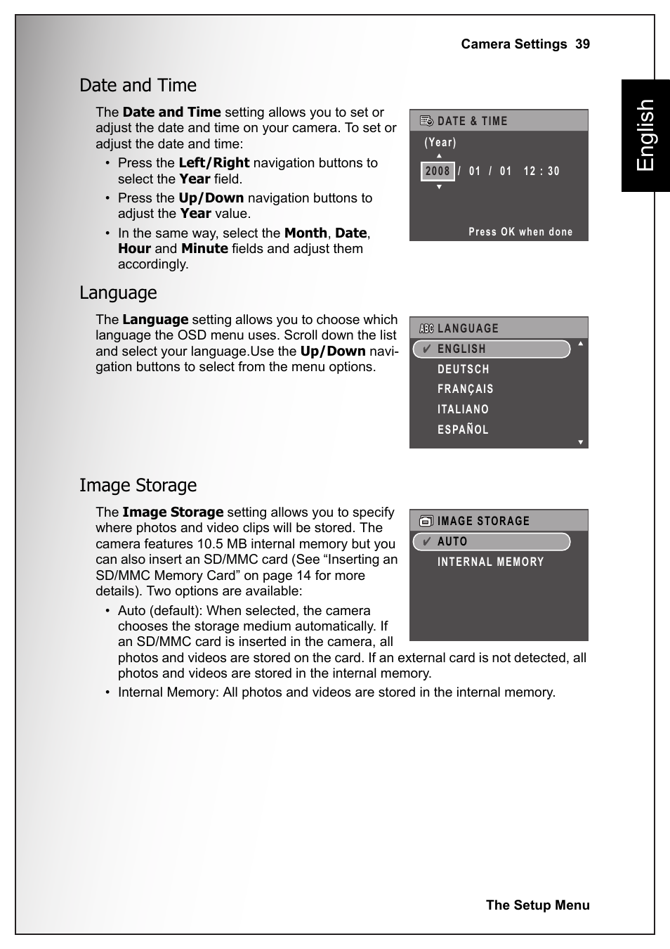 Date and time, Language, Image storage | Date and time language image storage, English | Fisher VPC-S670 User Manual | Page 53 / 63