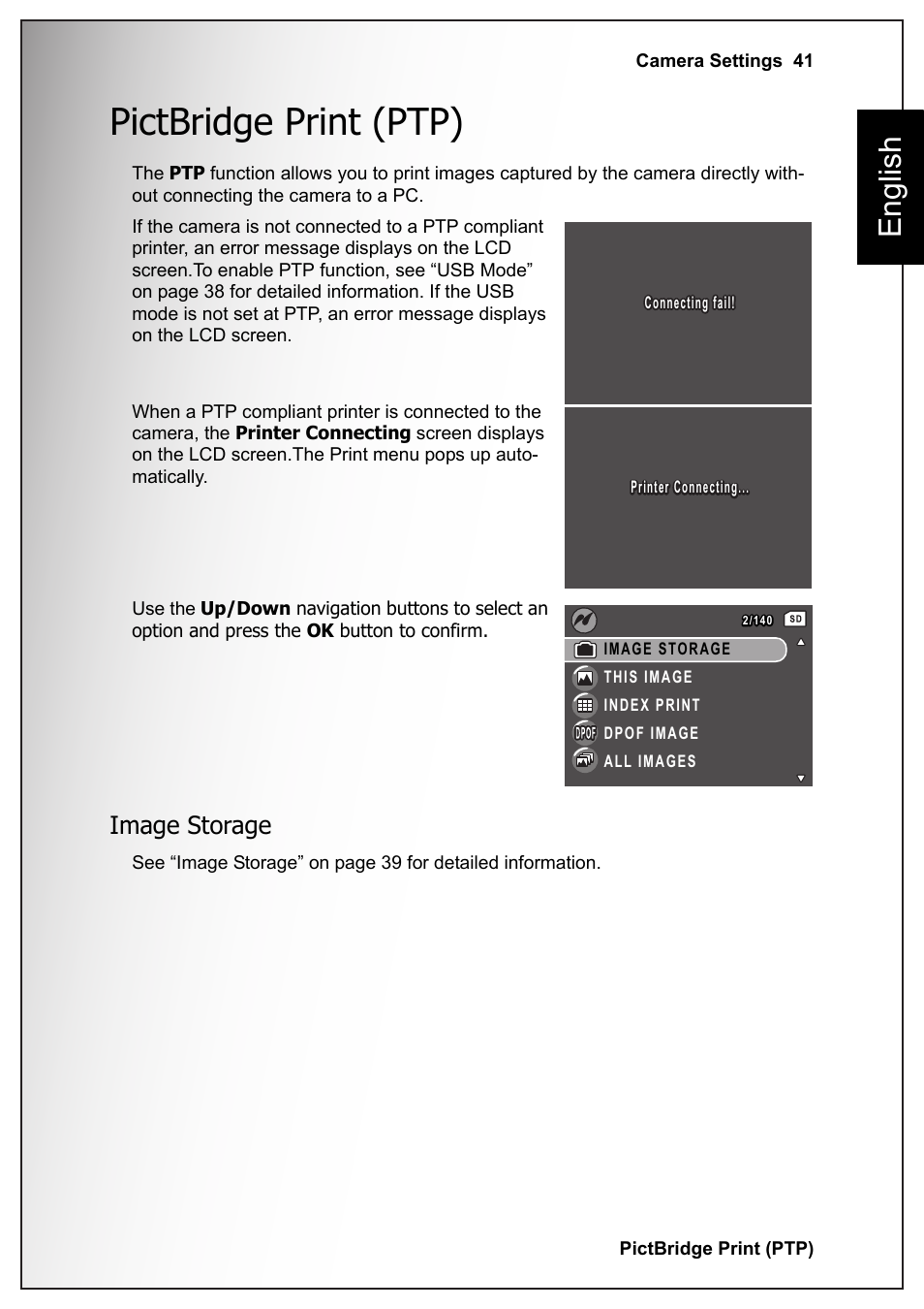 Pictbridge print (ptp), Image storage, English | Fisher VPC-S670 User Manual | Page 55 / 63