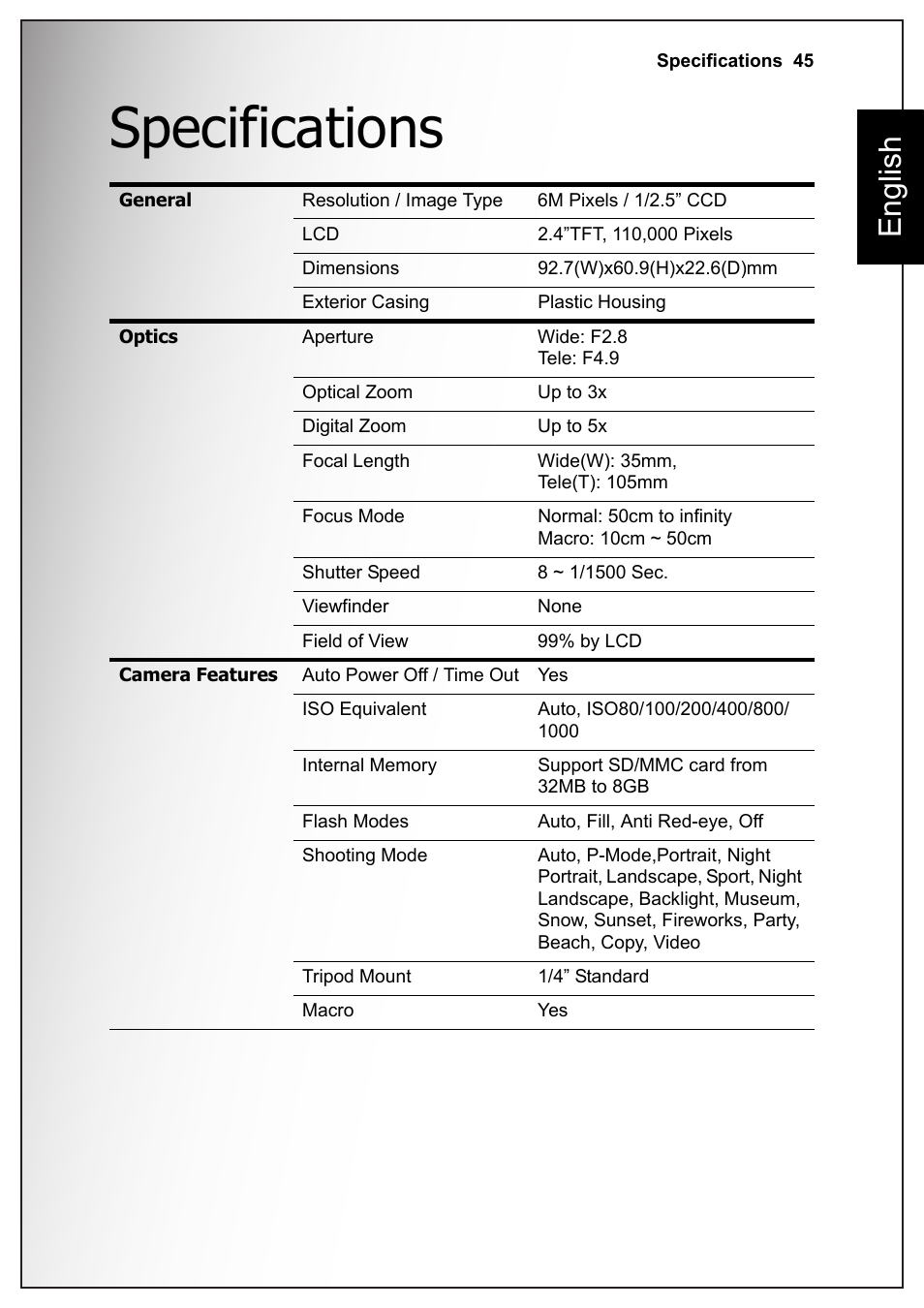 Specifications, English | Fisher VPC-S670 User Manual | Page 59 / 63
