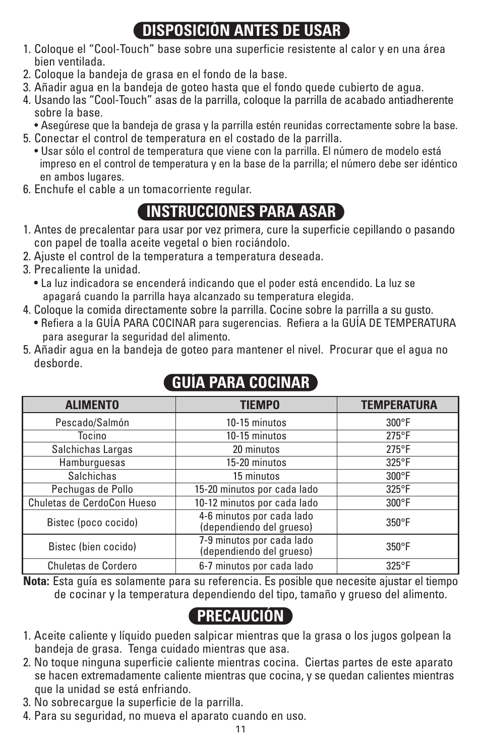 Disposición antes de usar, Guía para cocinar, Precaución | Instrucciones para asar | Fisher HPS-SG3 User Manual | Page 12 / 16