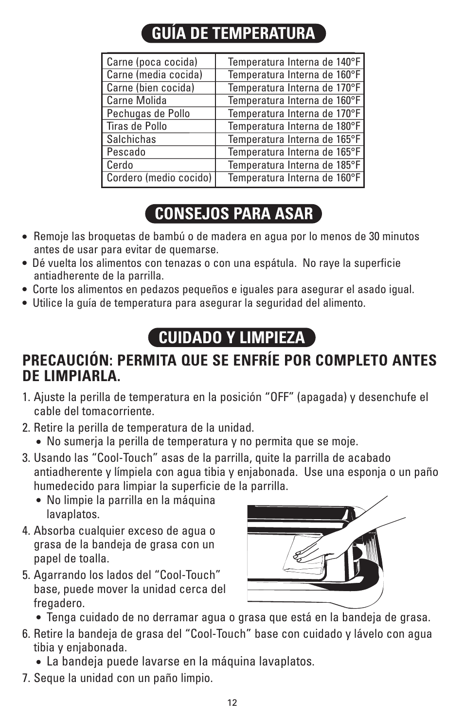 La bandeja puede lavarse en la máquina lavaplatos | Fisher HPS-SG3 User Manual | Page 13 / 16