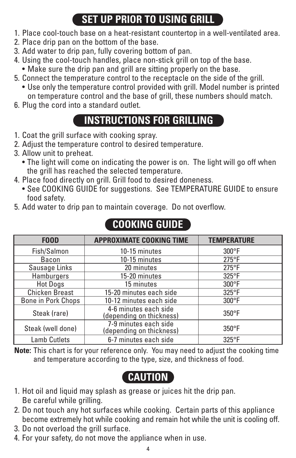 Set up prior to using grill, Instructions for grilling cooking guide, Caution | Fisher HPS-SG3 User Manual | Page 5 / 16