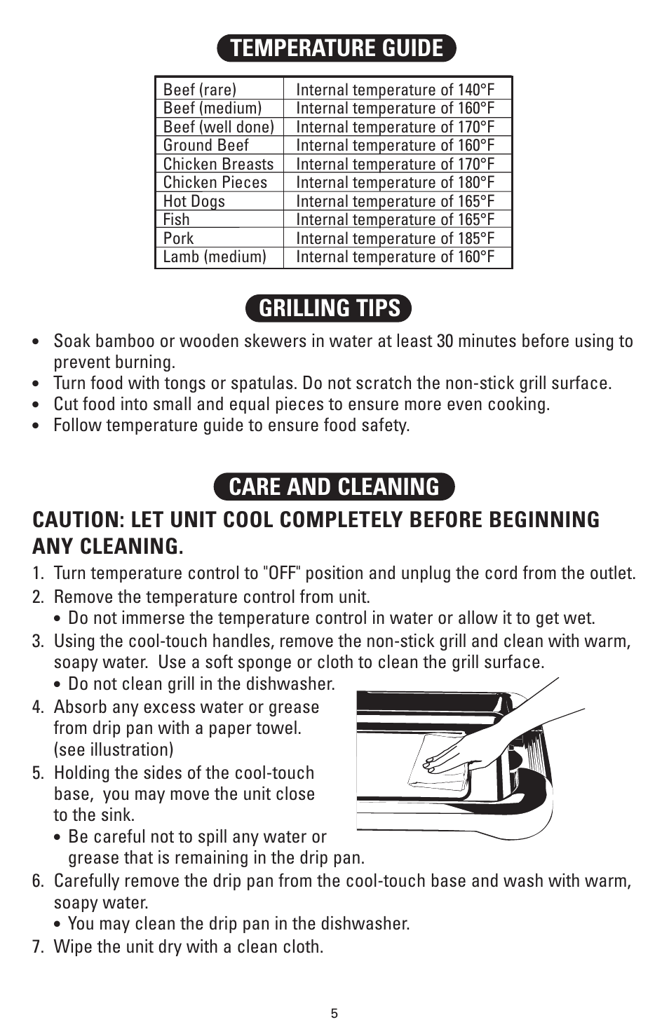 Grilling tips temperature guide care and cleaning | Fisher HPS-SG3 User Manual | Page 6 / 16