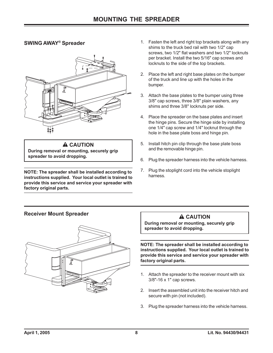 Mounting the spreader, Swing away, Spreader | Receiver mount spreader, Caution | Fisher 1000-(10003) User Manual | Page 10 / 24