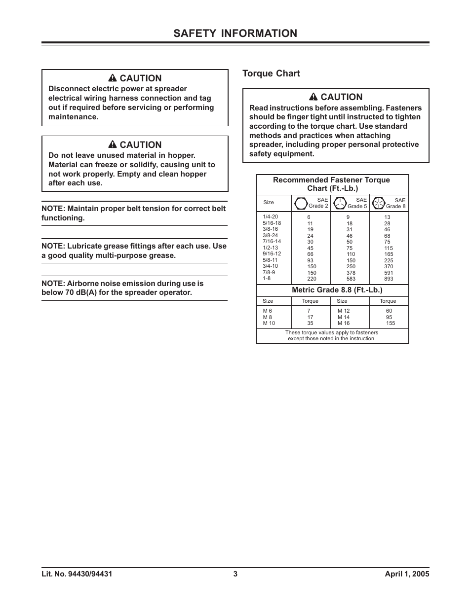 Safety information, Torque chart, Caution | Fisher 1000-(10003) User Manual | Page 5 / 24