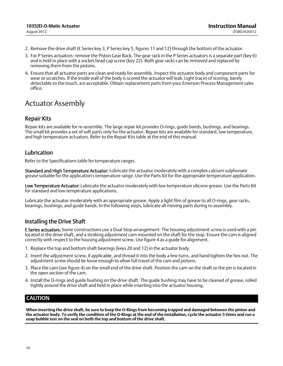 Actuator assembly, Repair kits, Lubrication | Installing the drive shaft | Fisher D500243X012 User Manual | Page 16 / 28