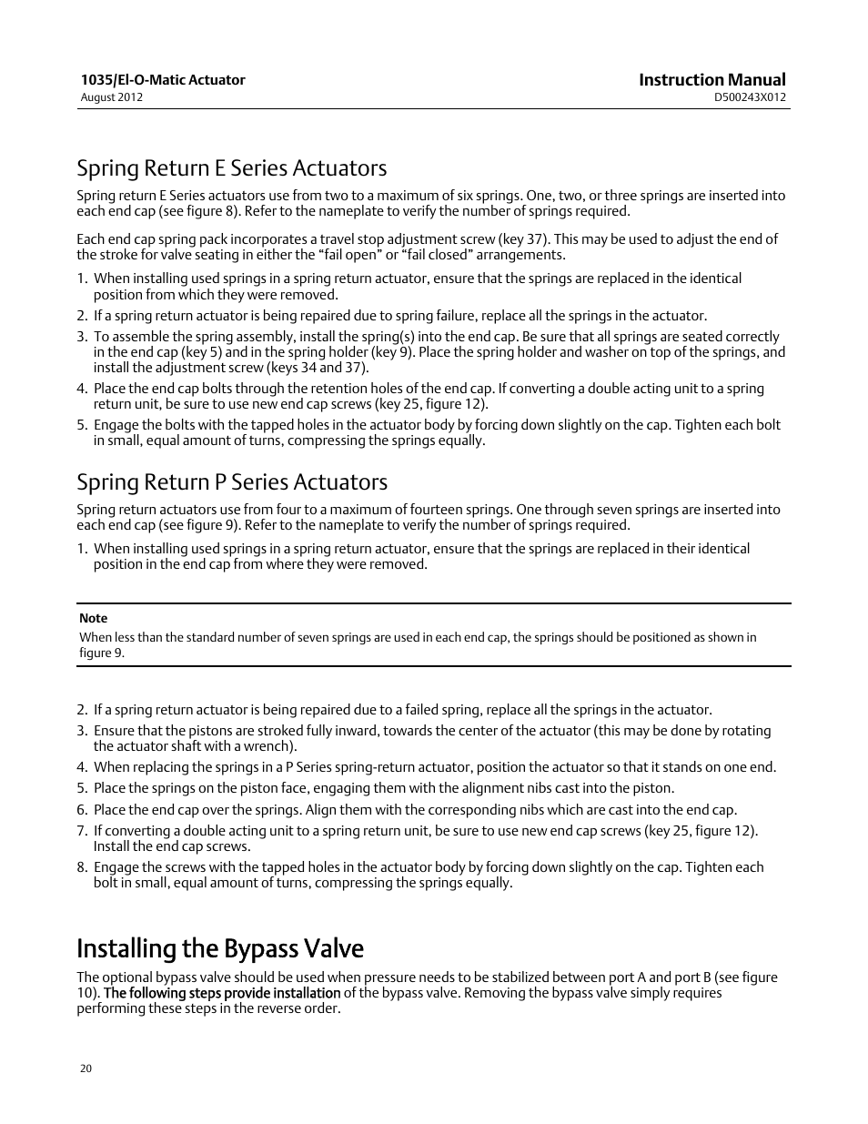 Installing the bypass valve, Spring return e series actuators, Spring return p series actuators | Fisher D500243X012 User Manual | Page 20 / 28