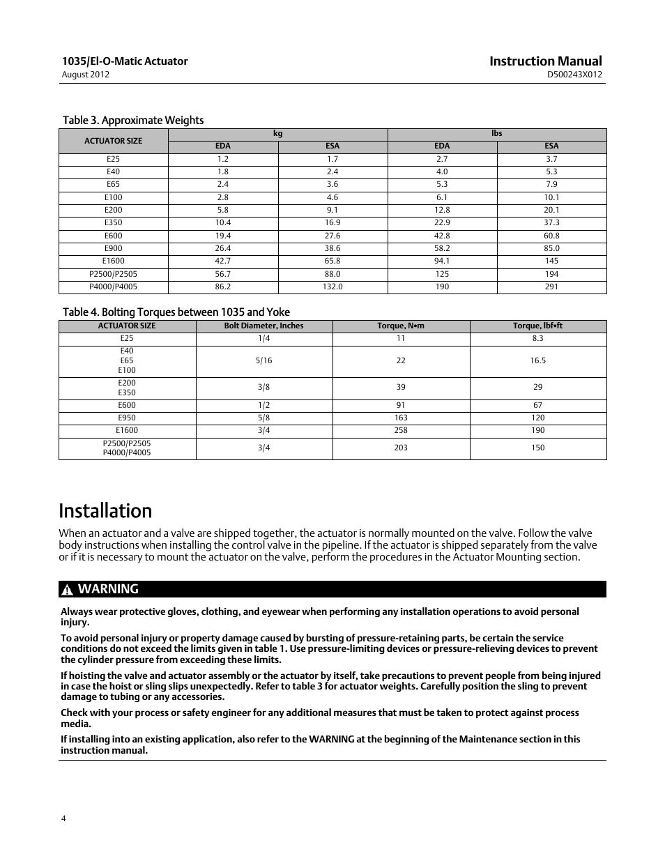 Installation, Instruction manual, Warning | Fisher D500243X012 User Manual | Page 4 / 28