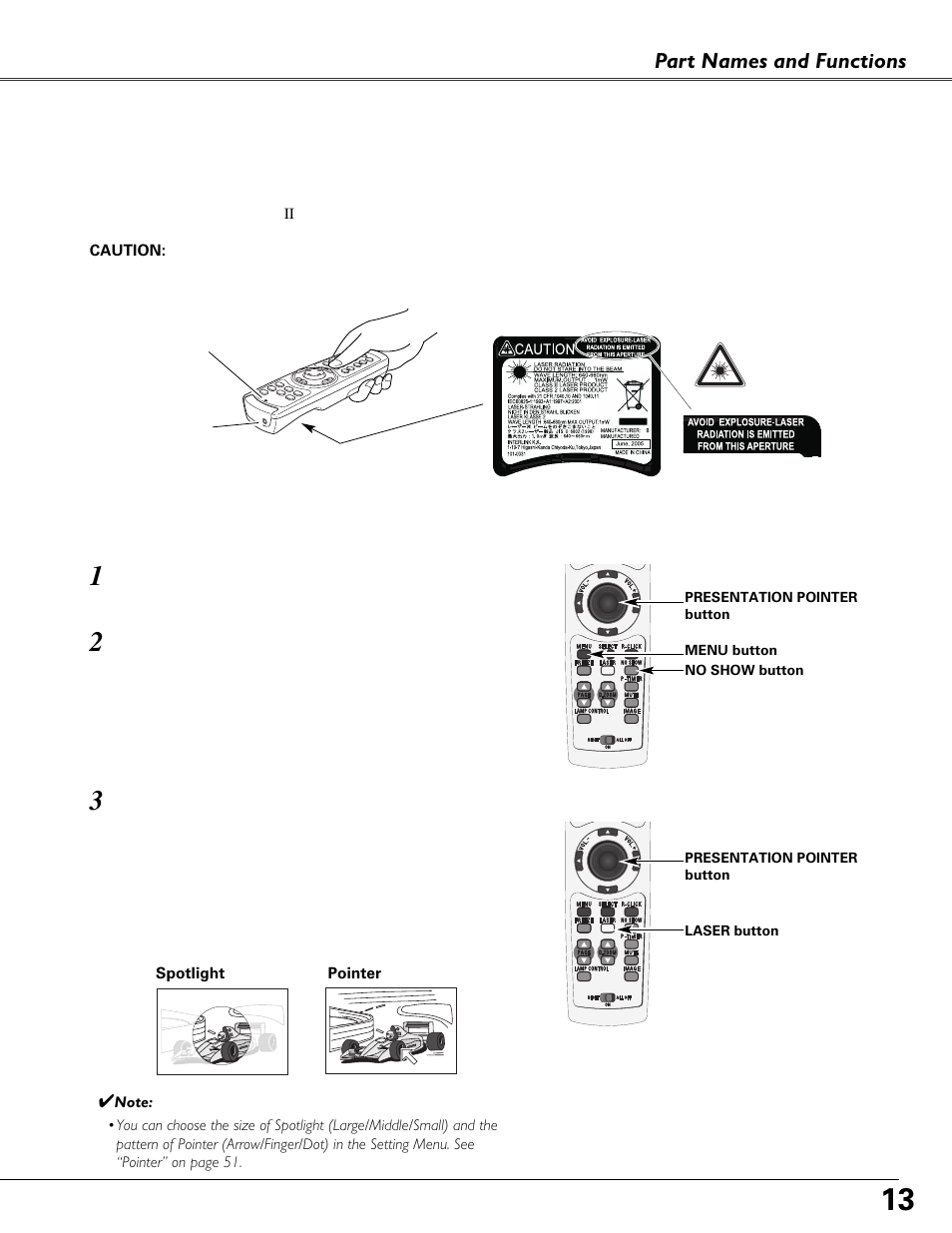 Laser pointer function, Pointer function, Part names and functions | Fisher PLC-XU87 User Manual | Page 13 / 73
