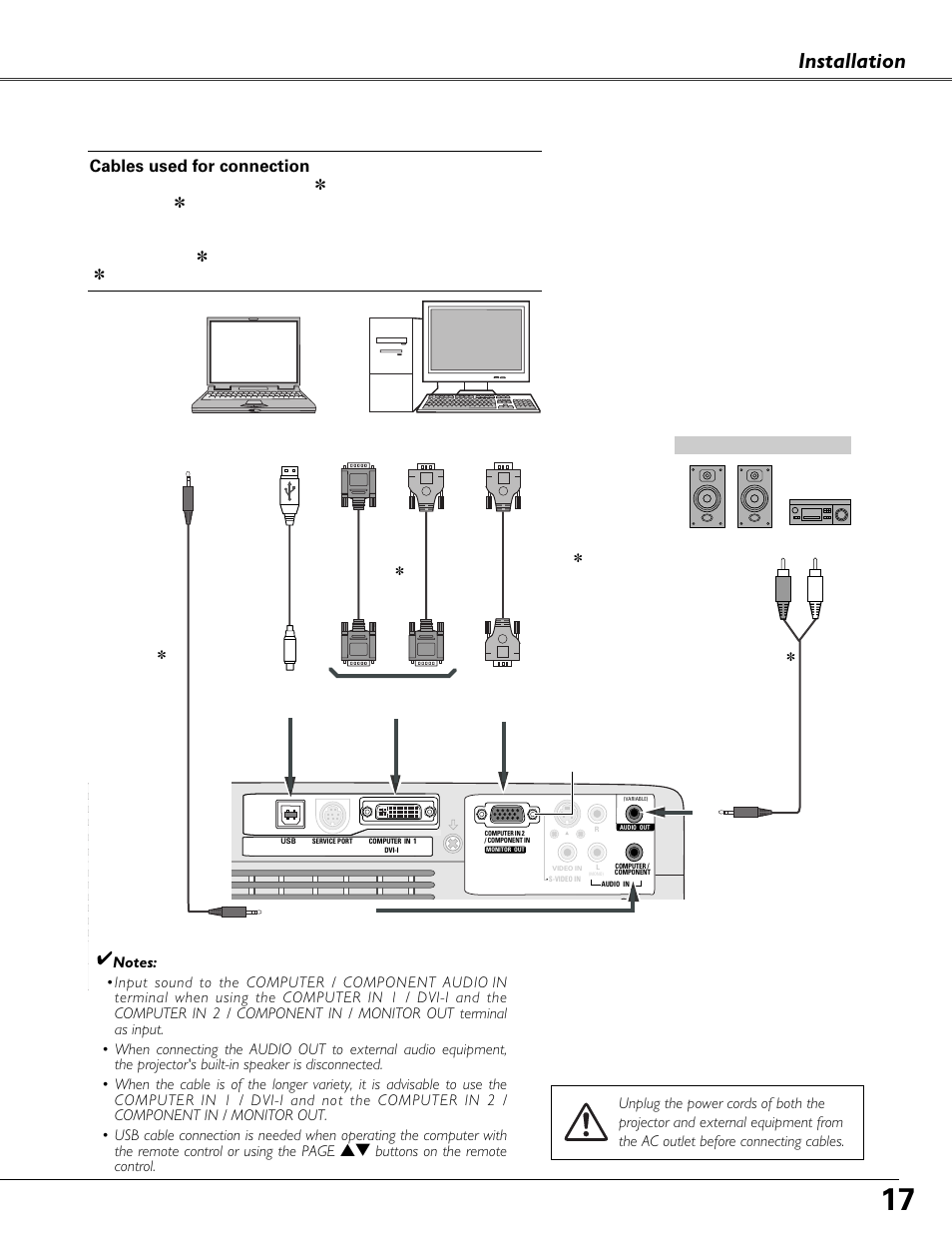 Connecting to a computer, Installation, Cables used for connection | Fisher PLC-XU87 User Manual | Page 17 / 73