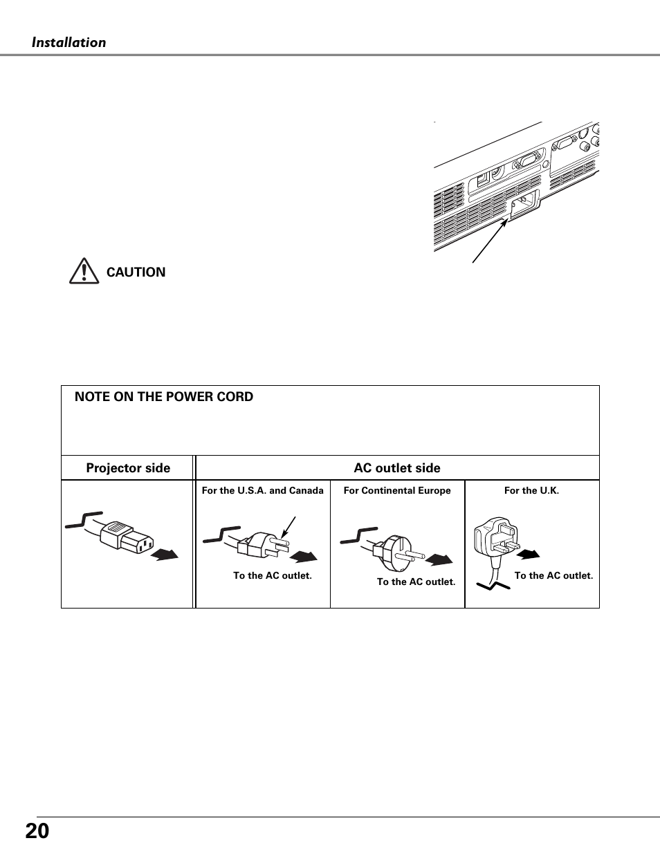 Connecting the ac power cord, Installation connecting the ac power cord | Fisher PLC-XU87 User Manual | Page 20 / 73