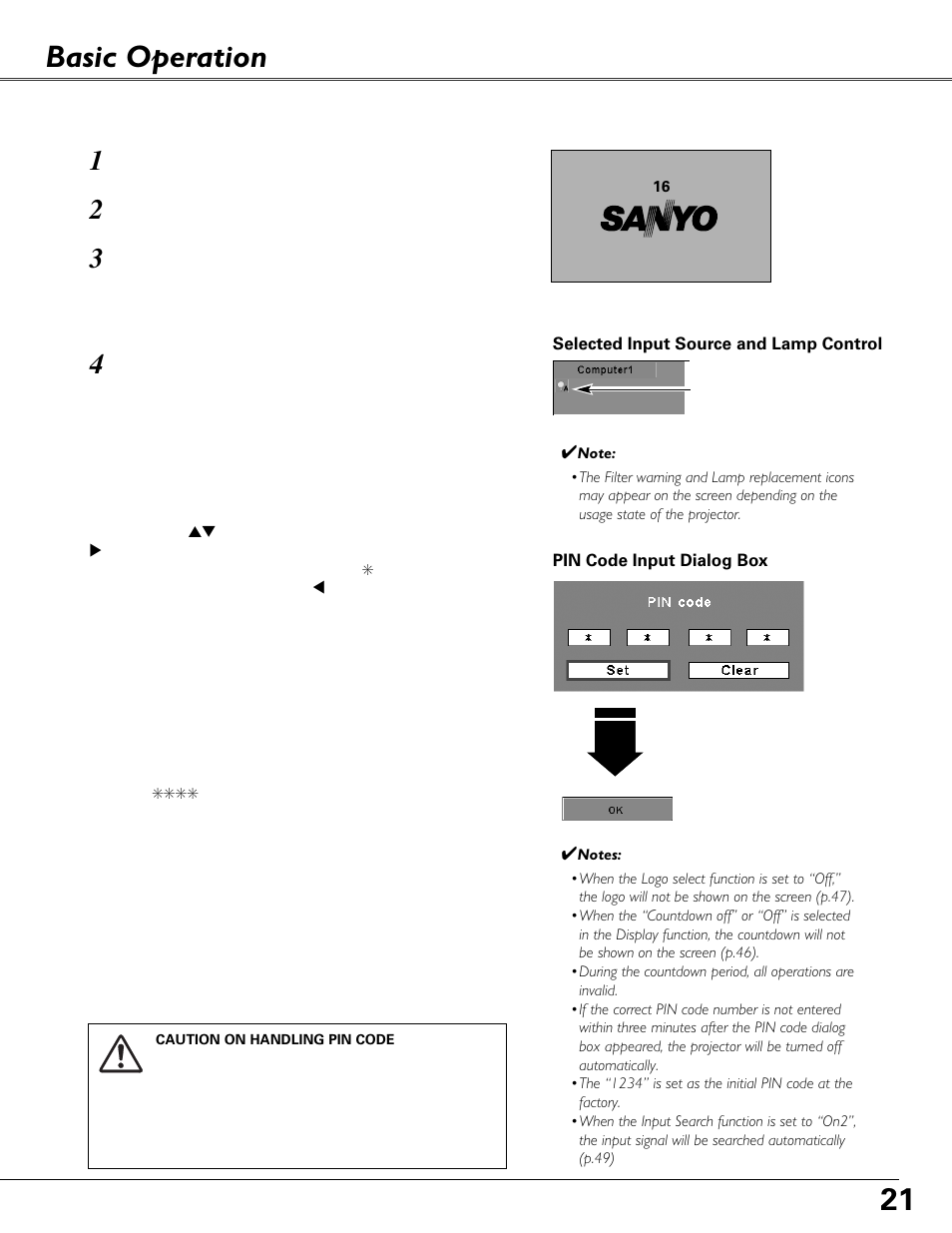 Basic operation, Turning on the projector | Fisher PLC-XU87 User Manual | Page 21 / 73