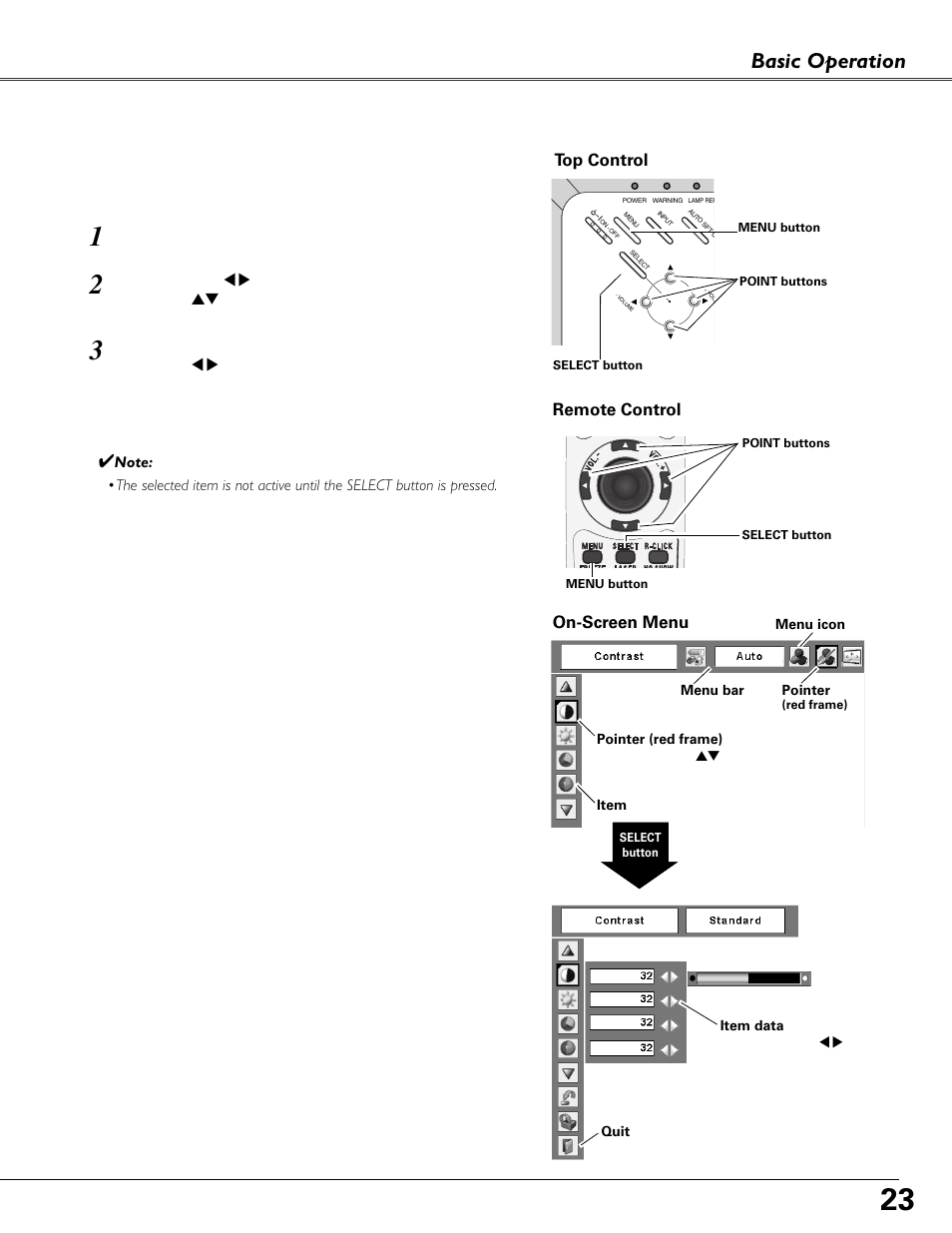 How to operate the on-screen menu, Basic operation how to operate the on-screen menu, On-screen menu | Top control, Remote control | Fisher PLC-XU87 User Manual | Page 23 / 73