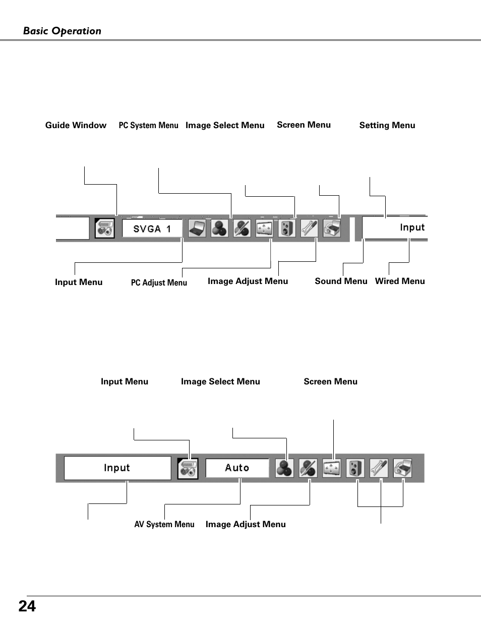 Menu bar, For computer source, For video source | Basic operation | Fisher PLC-XU87 User Manual | Page 24 / 73