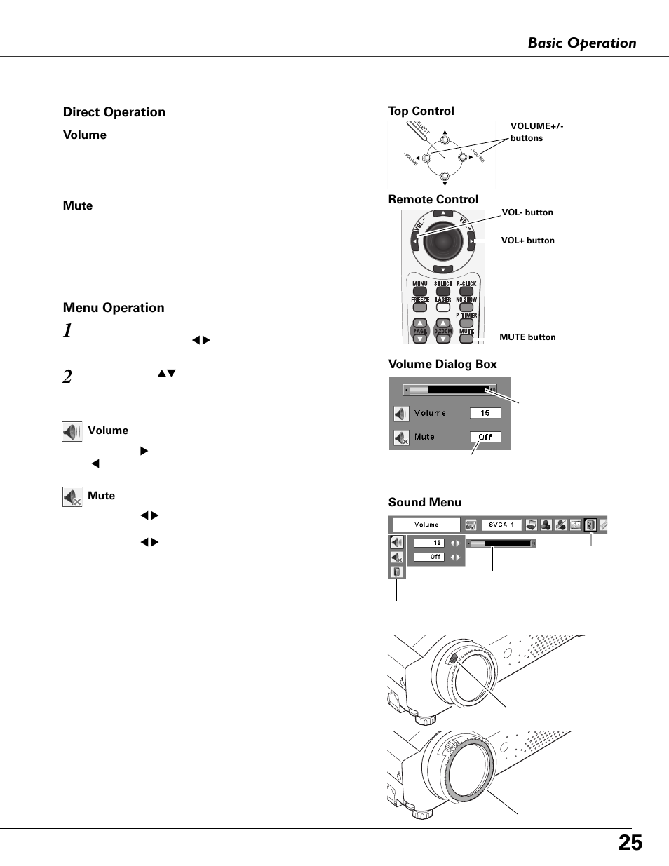 Sound adjustment, Zoom and focus adjustment, Basic operation | Fisher PLC-XU87 User Manual | Page 25 / 73