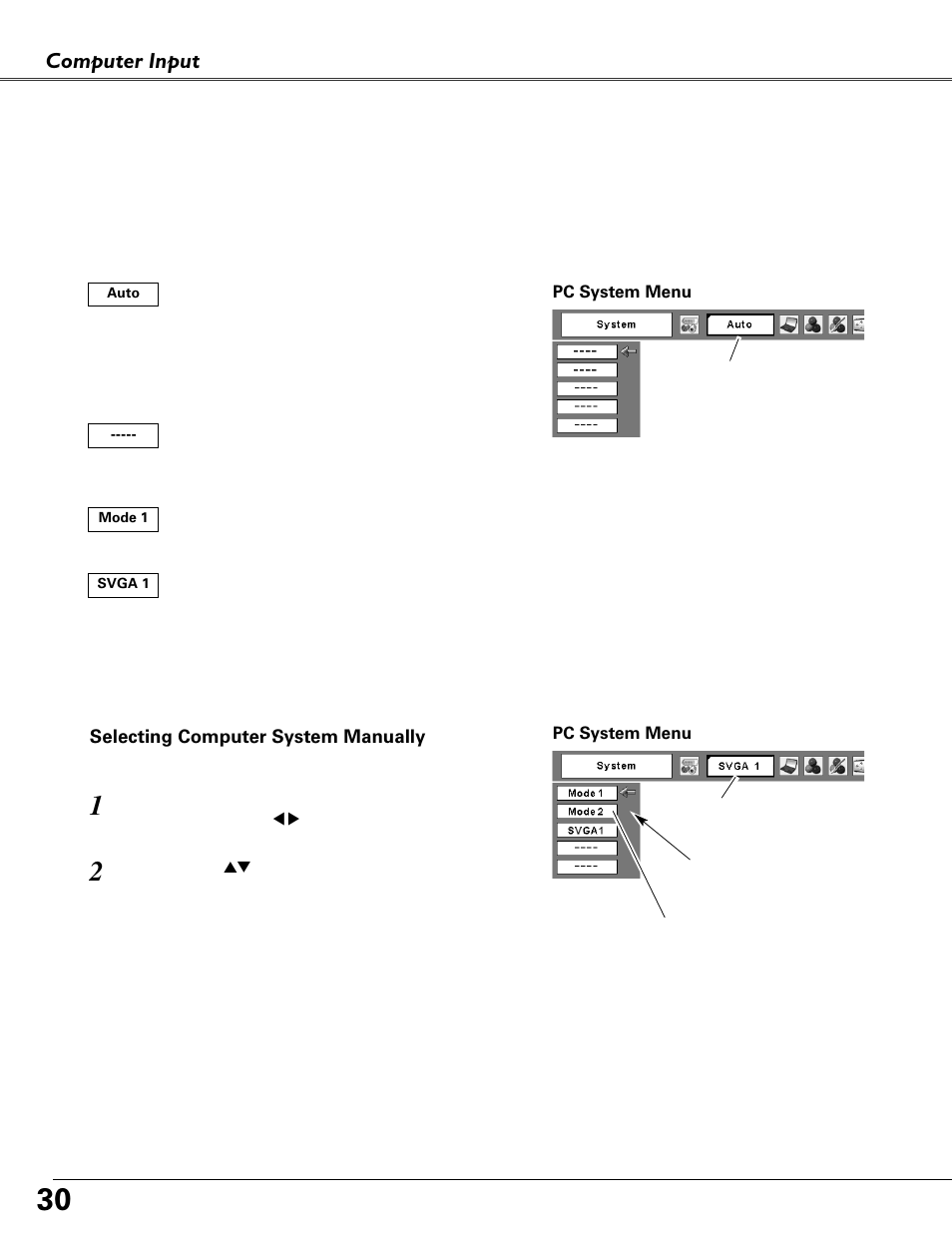 Computer system selection, Computer input | Fisher PLC-XU87 User Manual | Page 30 / 73