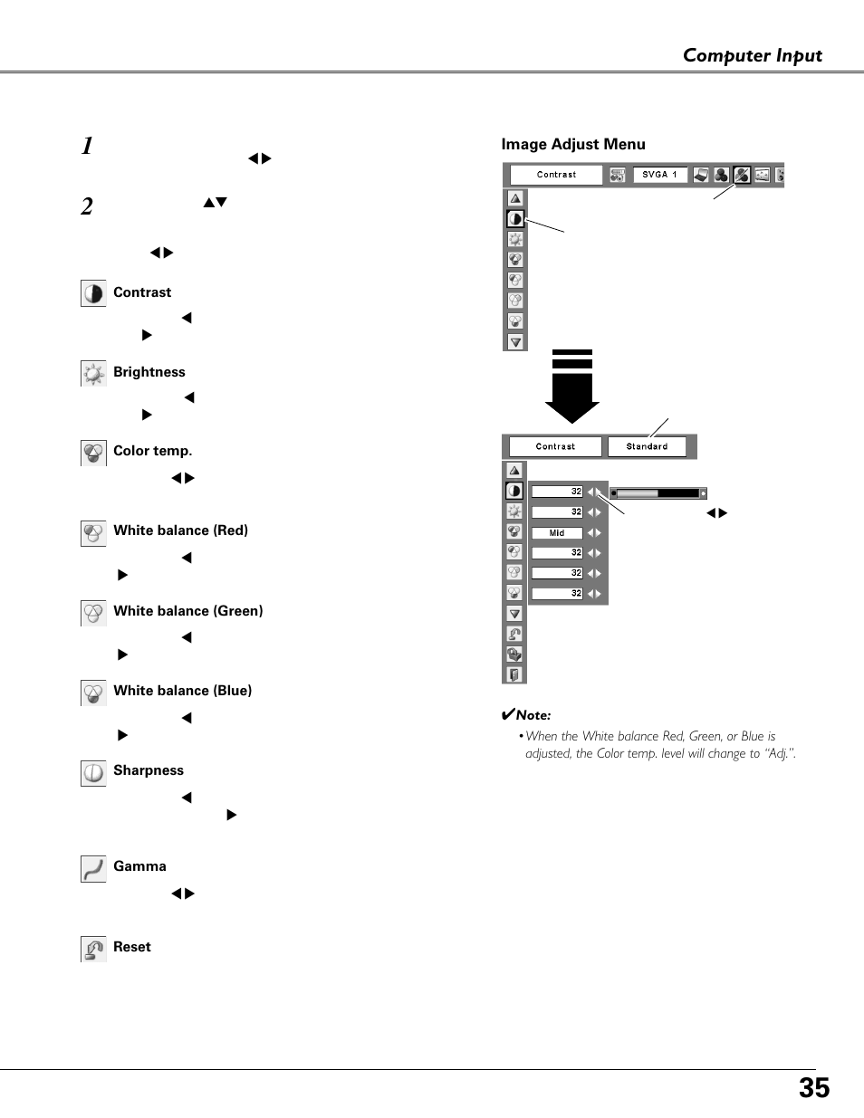 Image adjustment, Computer input | Fisher PLC-XU87 User Manual | Page 35 / 73