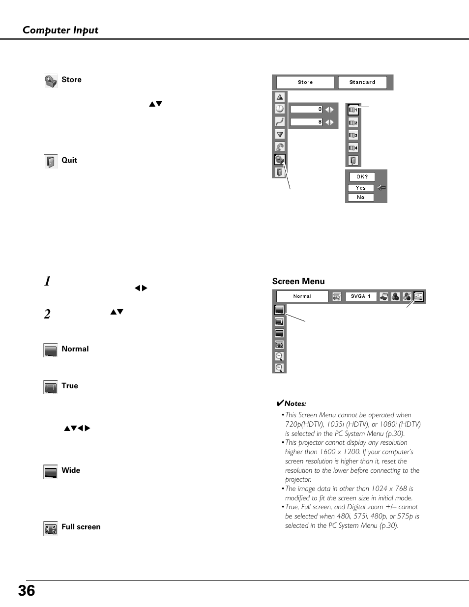 Screen size adjustment, Computer input | Fisher PLC-XU87 User Manual | Page 36 / 73