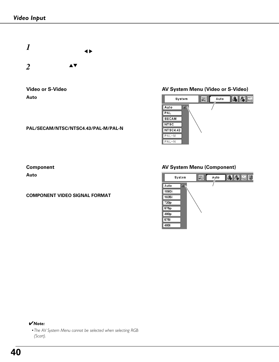 Video system selection, Video input video system selection | Fisher PLC-XU87 User Manual | Page 40 / 73
