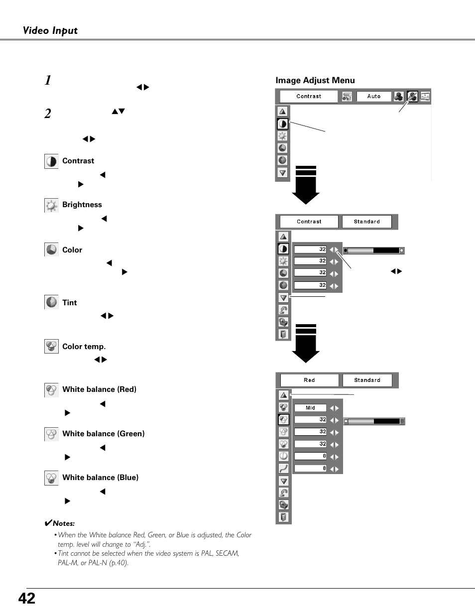 Image adjustment, Video input image adjustment | Fisher PLC-XU87 User Manual | Page 42 / 73
