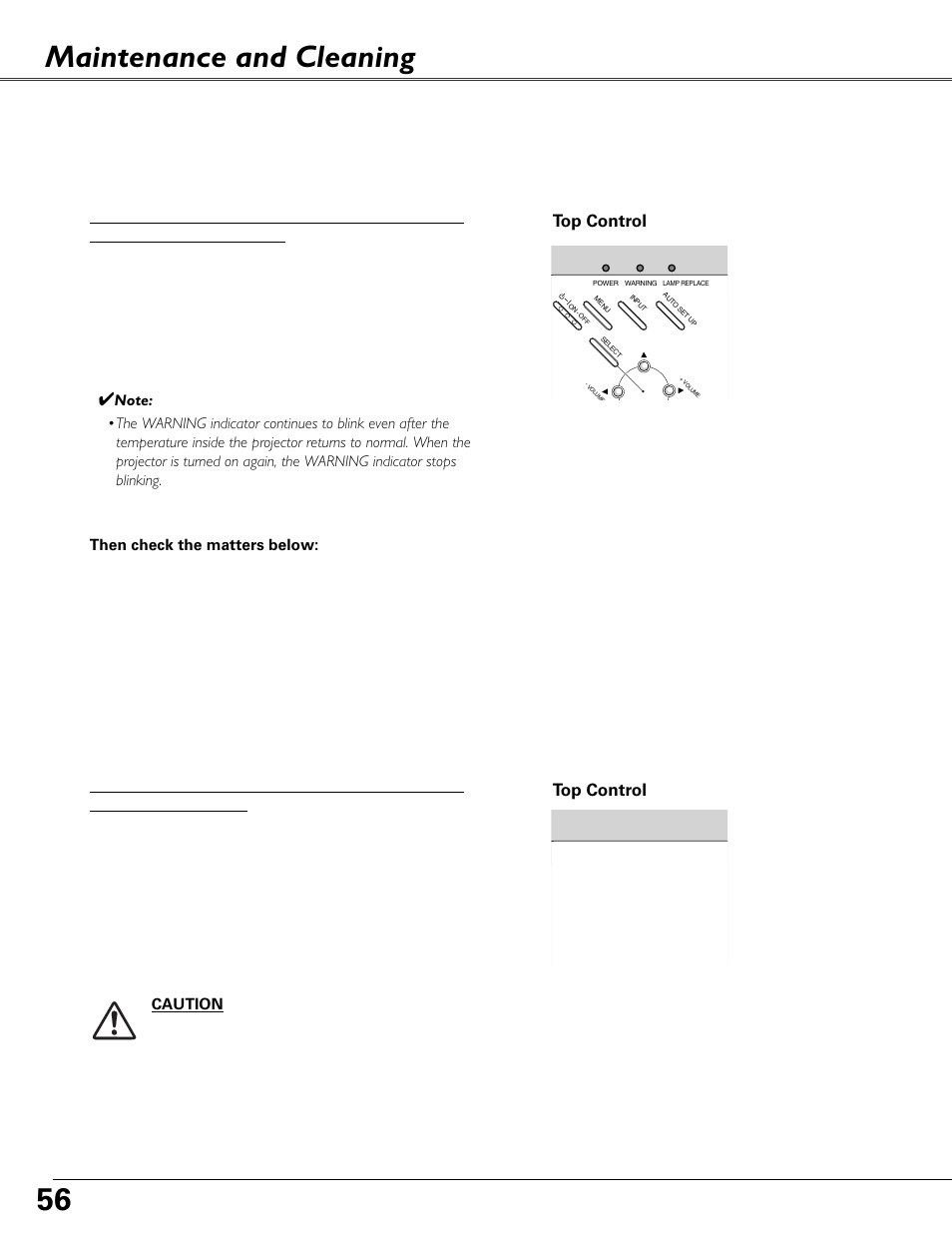 Maintenance and cleaning, Warning indicator, Top control | Fisher PLC-XU87 User Manual | Page 56 / 73