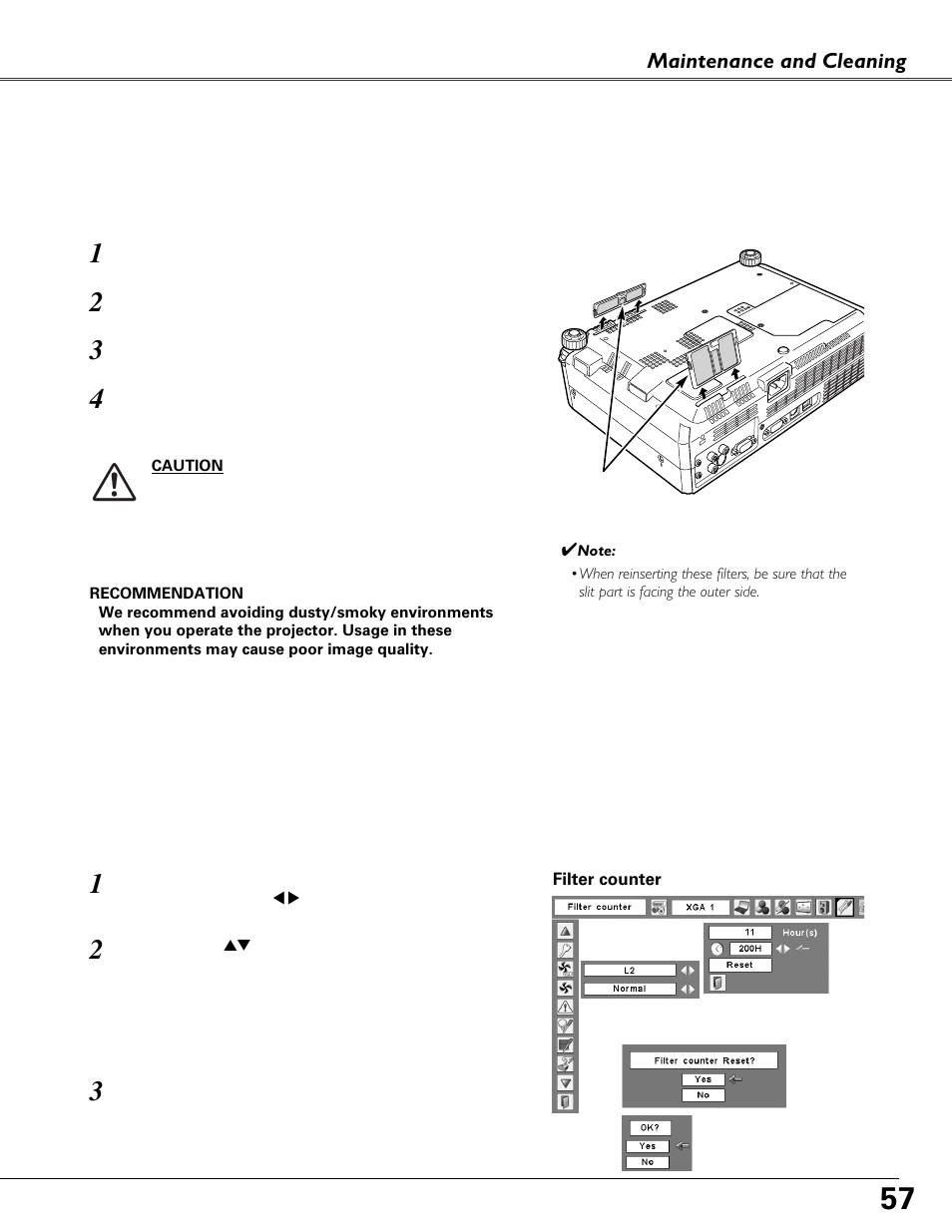 Cleaning the filter, Resetting the filter counter | Fisher PLC-XU87 User Manual | Page 57 / 73