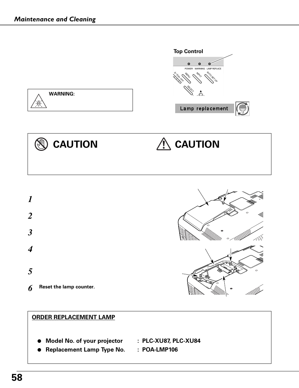 Lamp replacement, Caution, Maintenance and cleaning | Fisher PLC-XU87 User Manual | Page 58 / 73