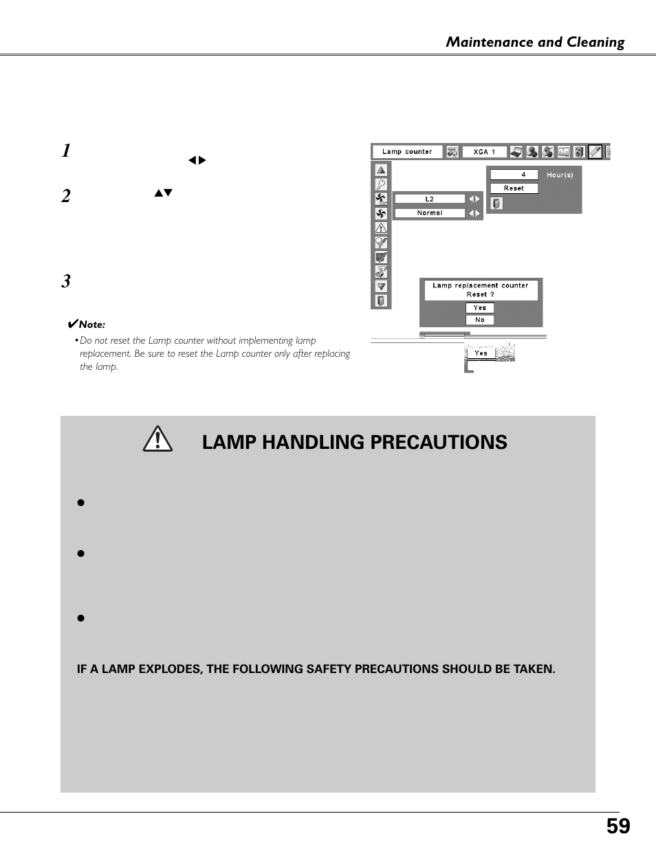 Resetting the lamp counter, Lamp handling precautions, Maintenance and cleaning | Fisher PLC-XU87 User Manual | Page 59 / 73